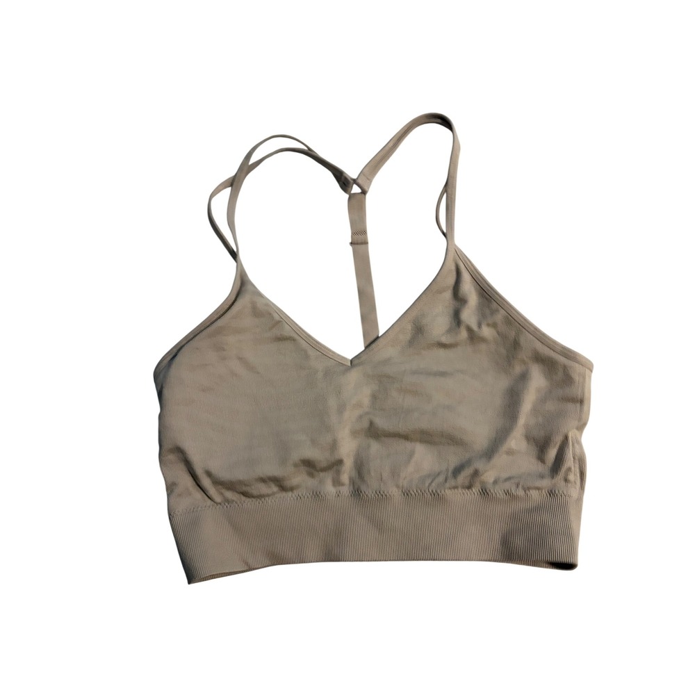 RBX Sports Bra Seamless Camo V-Neck Adjustable Straps Beige Tan Large